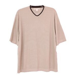 PERRY ELLIS Silk Cotton Blend Short Sleeve V-Neck Sweater L Taupe Brown B89